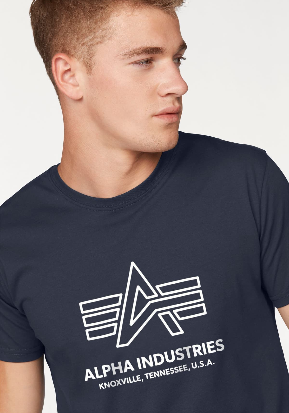 Rundhalsshirt ALPHA INDUSTRIES "Logo Print T", Herren, Gr. S, blau (navy), Single Jersey, Obermaterial: 100% Baumwolle, bedruckt, regular fit normal, Rundhals, Shirts Rundhalsshirt, Baumwolle, regular fit navy S