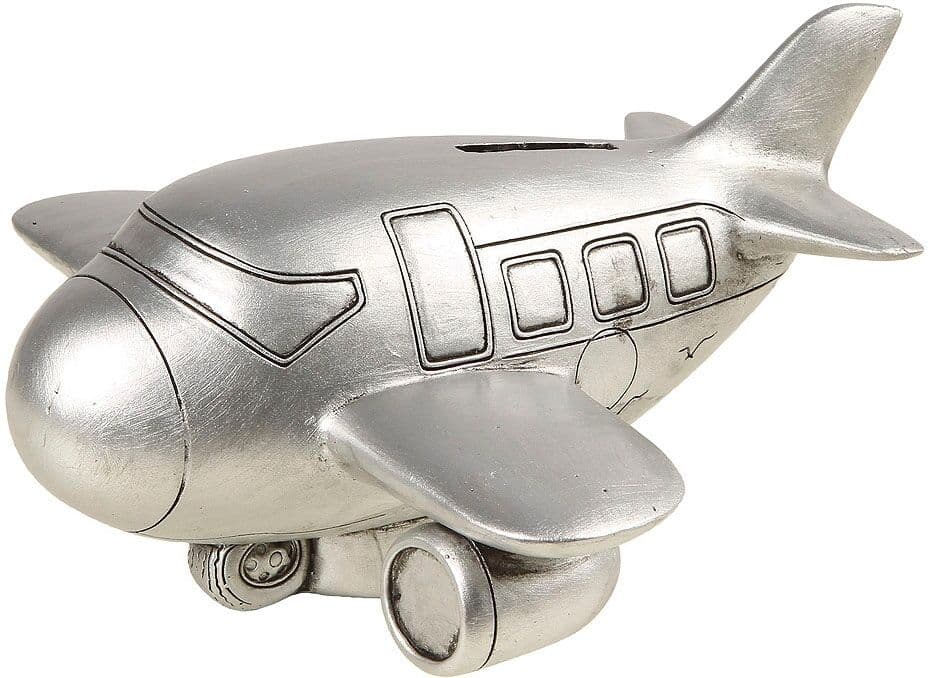 Spardose AMBIENTE HAUS "Flugzeug, silberfarben", silber (altsilberfarben), B:21cm H:10cm T:19cm, Kautschuk, Spardosen, Spardose, Sparschwein, Retro-Design, ideales Geschenk