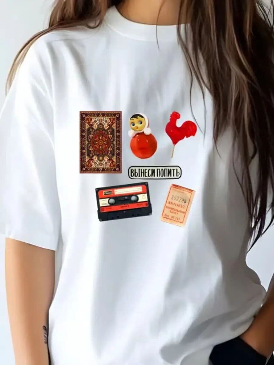 JBOLID Russian Girl Retro Cassette Tape Print Short Sleeve Oversized T Shirt Women T-shirt Vintage Graphic Tops 100% Cotton Summer 2025
