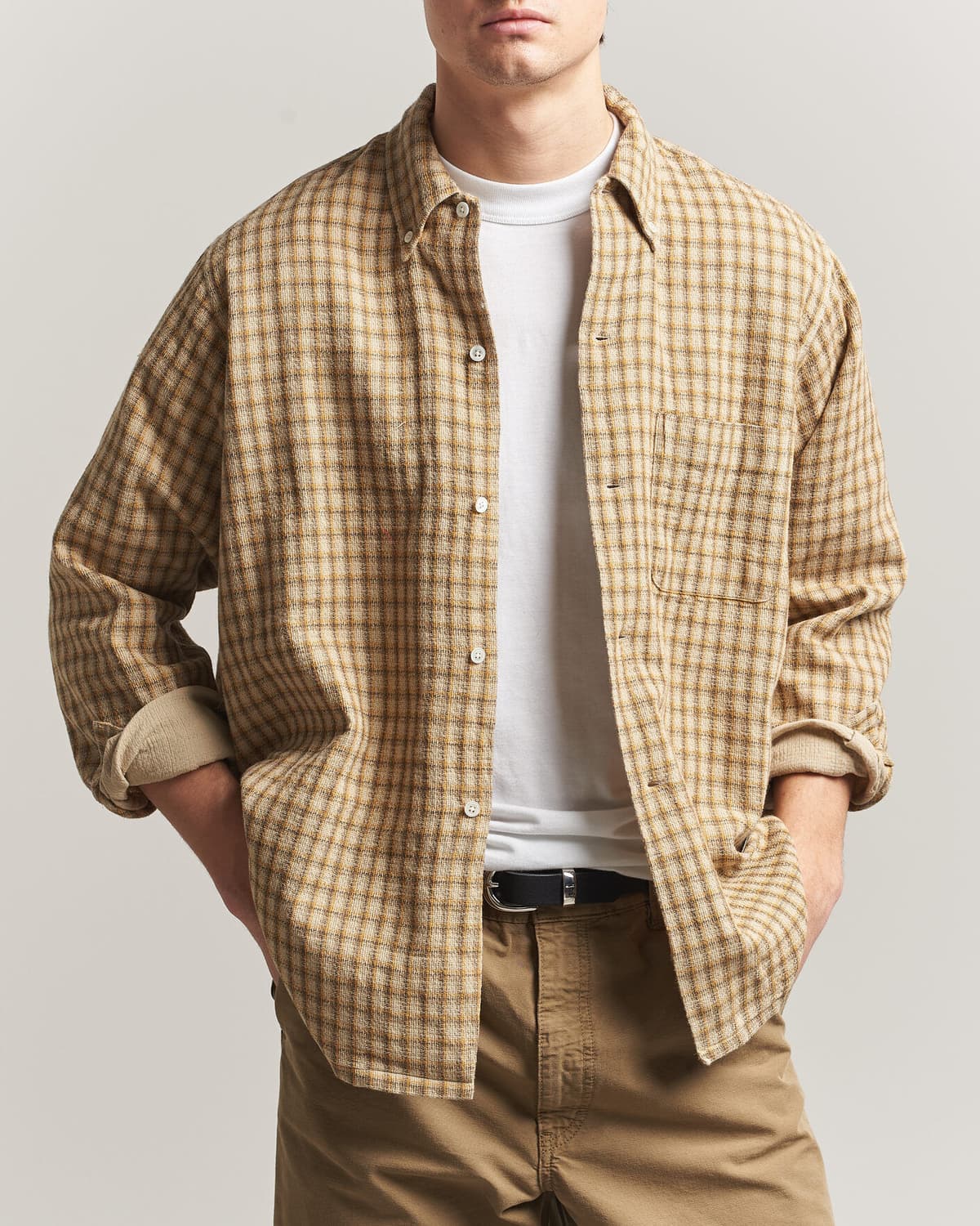 BEAMS PLUS Panama Plaid Button Down Shirt Beige men L Beige