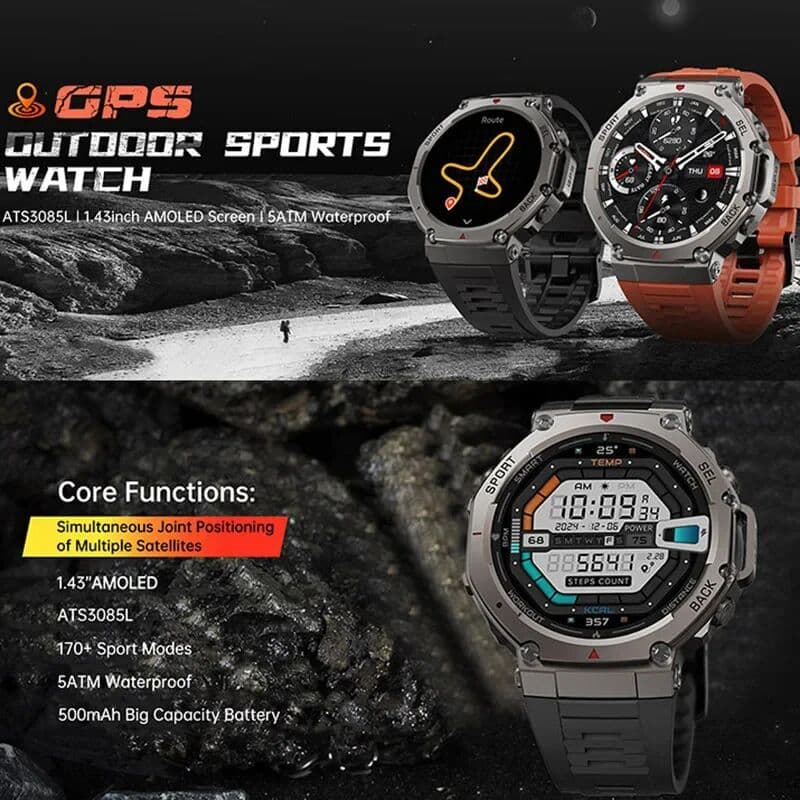 FIDI Smartwatch Dual Band GPS Military Smart Watch 1.43inch 10ATM Water Resistant 500mAh Battery Altimeter Compass Smart Watch