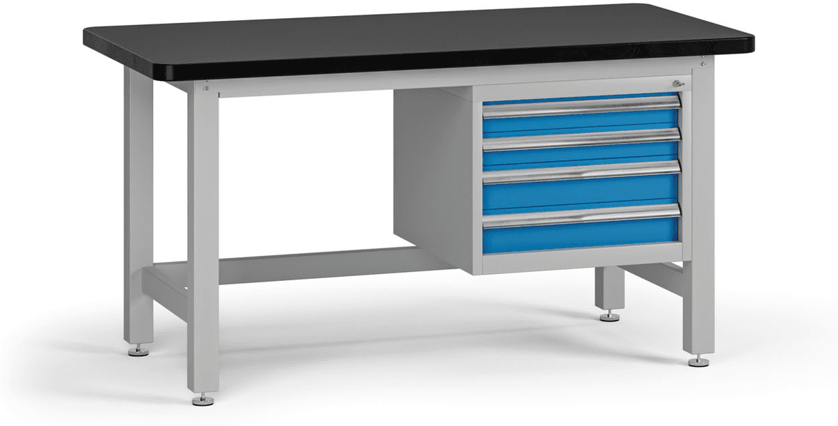 B2B Partner Profesionální dílenský stůl G4, 4 zásuvky, deska MDF + PVC, 1500 x 750 x 800 mm, modrá