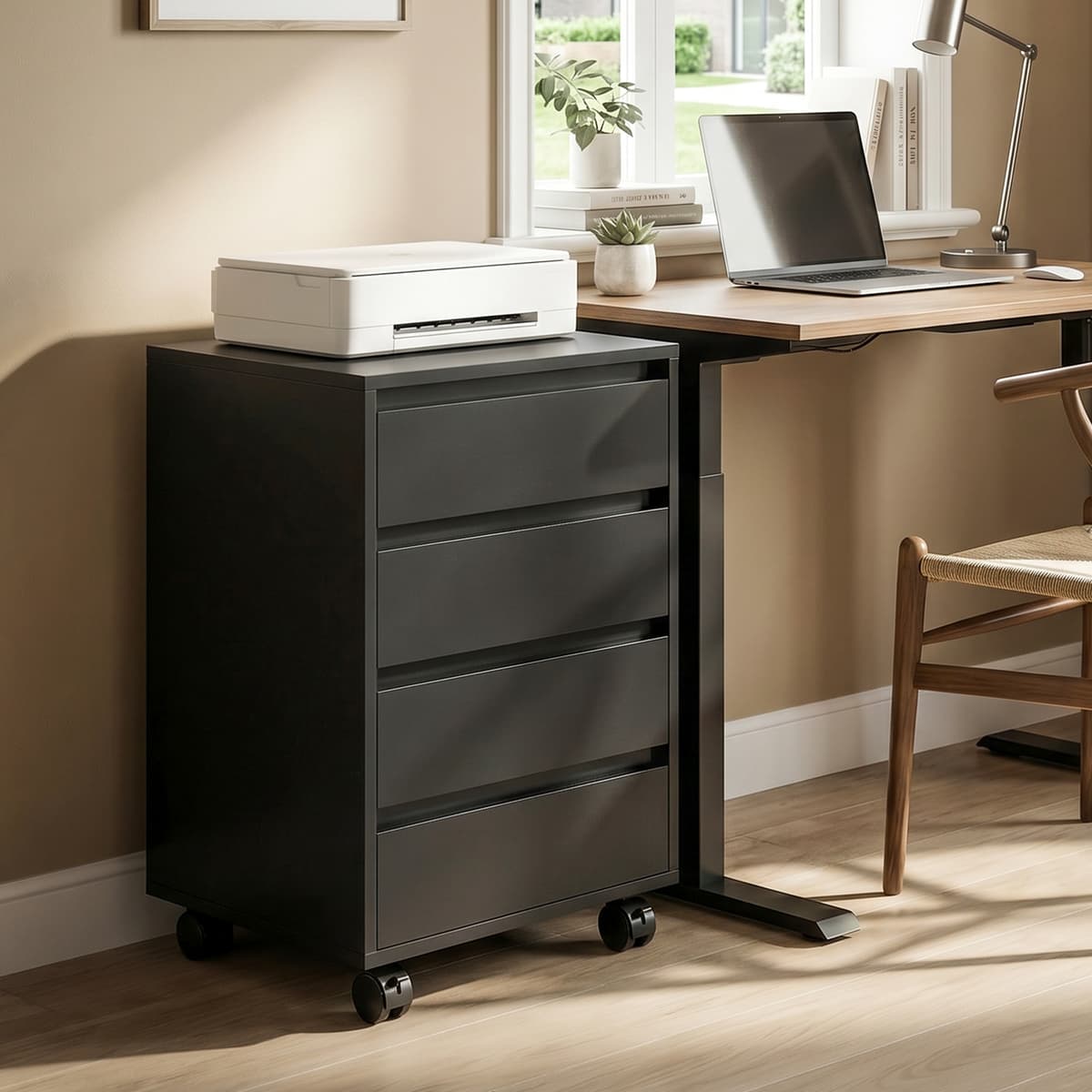 Homcom Cassettiera da Ufficio con 4 Cassetti e Ruote con Freno in Legno MDF, 46x40x65 cm, Nero   Aosom Italy