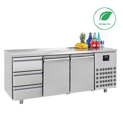 Kühltisch LIEST Energy Line | 2x Tür & 3x Schublade | 474 Liter, HxBxT 85x186,5x70cm | -2/+8°C | Edelstahl | + CHEFGASTRO Geschirrtuch