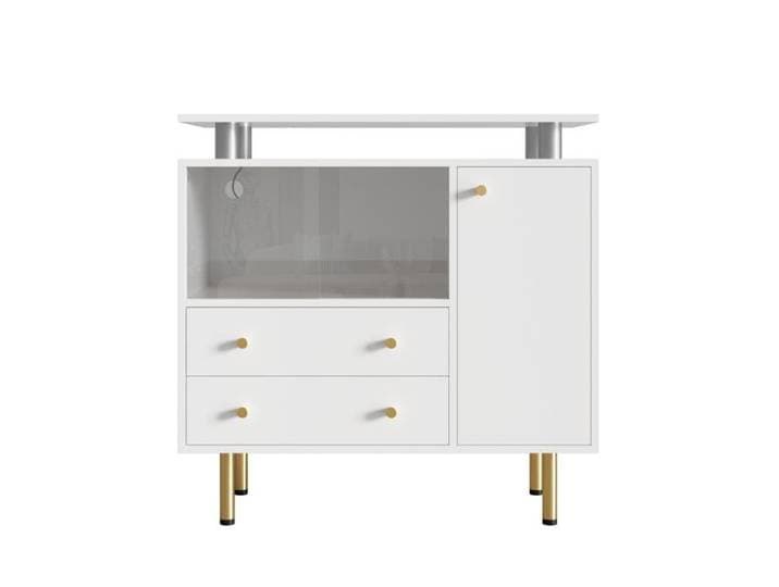 Buffet bas LED moderne blanc 2 portes coulissantes en verre 2 tiroirs et 1 porte pieds métal - 80x35x80cm