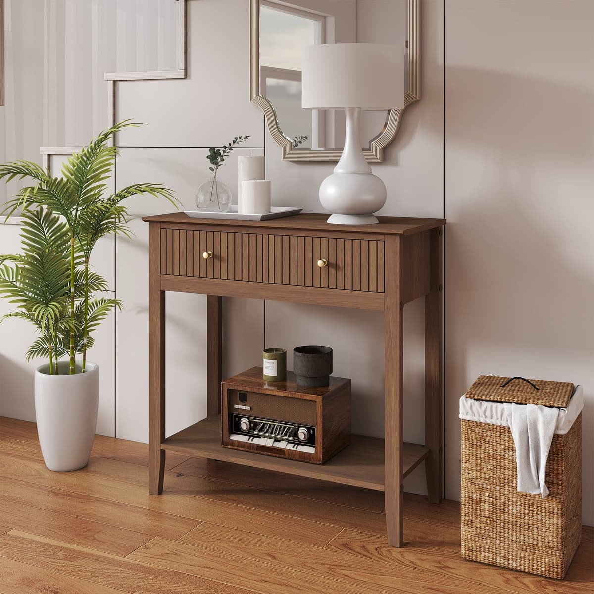 2 Drawer Console / Dressing Table - Hales Dark Wood Range Coated MDF, Metal