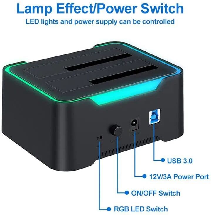 NONE ULBS Hard Disk 2.5/3.5 Inch Enclosure USB 3.0 To SATA Dual Bay RGB Lamp Effect Hard Drive Docking Station Clone HDD SSD