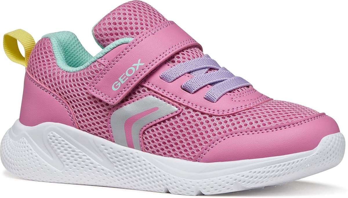 Sneaker GEOX "J SPRINTYE GIRL", Mädchen, Gr. 32, Textil, pink (pink kombiniert), Lederimitat, Mesh, Mesh, kontrastfarbene Details, Schuhe Sneaker, Slipper mit zusätzlcihem Klettverschluss, Größenschablone zum Download