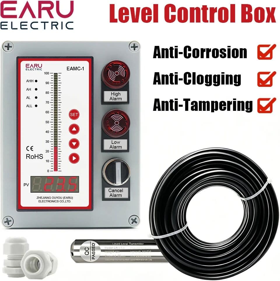 EARU Oil Liquid Water Level Sensor Transmitter Pump Controller Float Switch Relay Output with Waterproof Box for Water Tank Pool