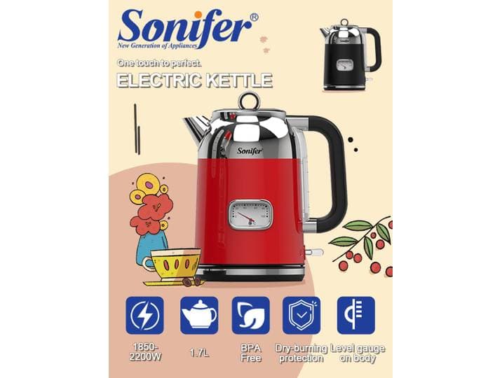 Bouilloire électrique rétro Sonifer SET1-03 1,7 L 2200 W en acier inoxydable 304 avec affichage de la température et thermomètre visuel