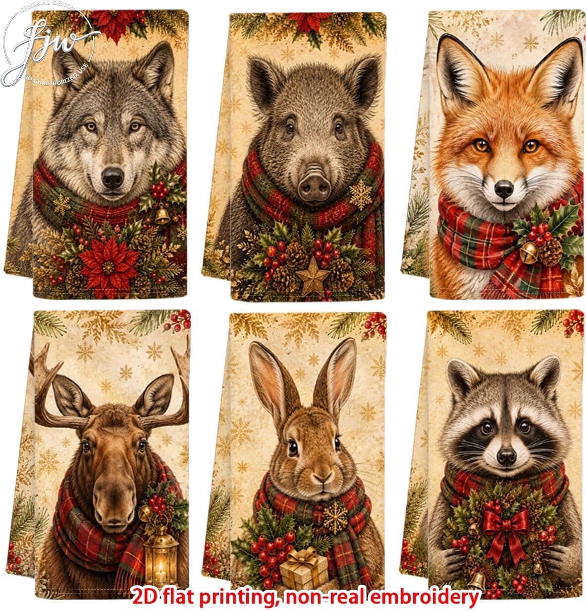 NONE 6pcVintage Christmas Forest Animals Winter Kitchen Towel