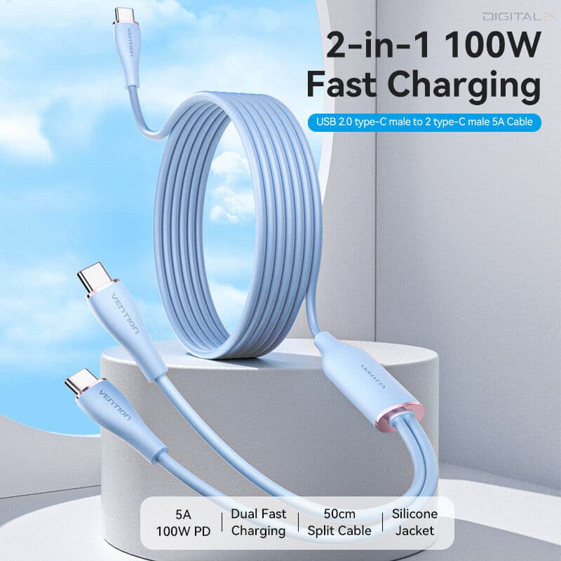 Vention USB-C 2.0/M -> 2*USB-C/M, (5A, szilikon, rózsaszín), 1,5m, kábel