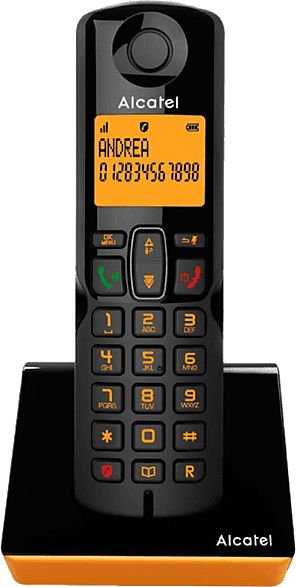 Teléfono - Alcatel S280, Inalámbrico, Bloqueo de llamadas, Agenda para 50 contactos, Manos libres, Negro y Naranja