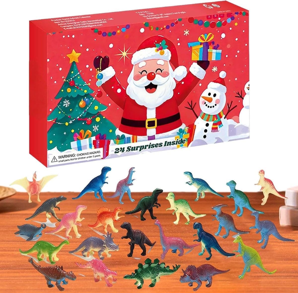 Dinosaurus Kerstkalender met 24 feestelijke dinosaurusfiguurtjes, Multicolor, 40 x 24,5 cm