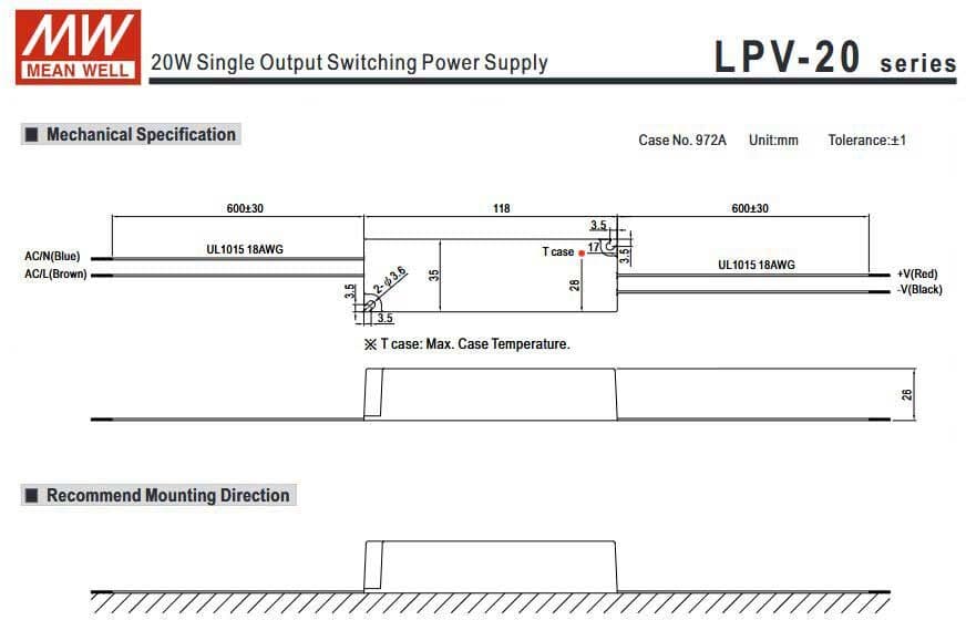 Meanwell Lpv-20-12 Alimentatore Switching A Uscita Singola 12v 20w 1,67a Impermeabile Ip67
