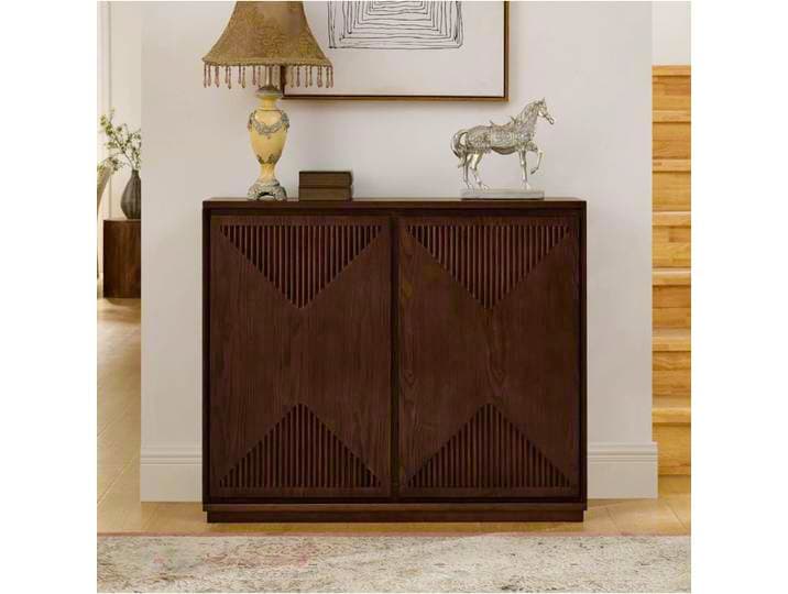 WOVREO Buffet bas V rainuré 2 portes style mid-century modern finition noyer bois et MDF