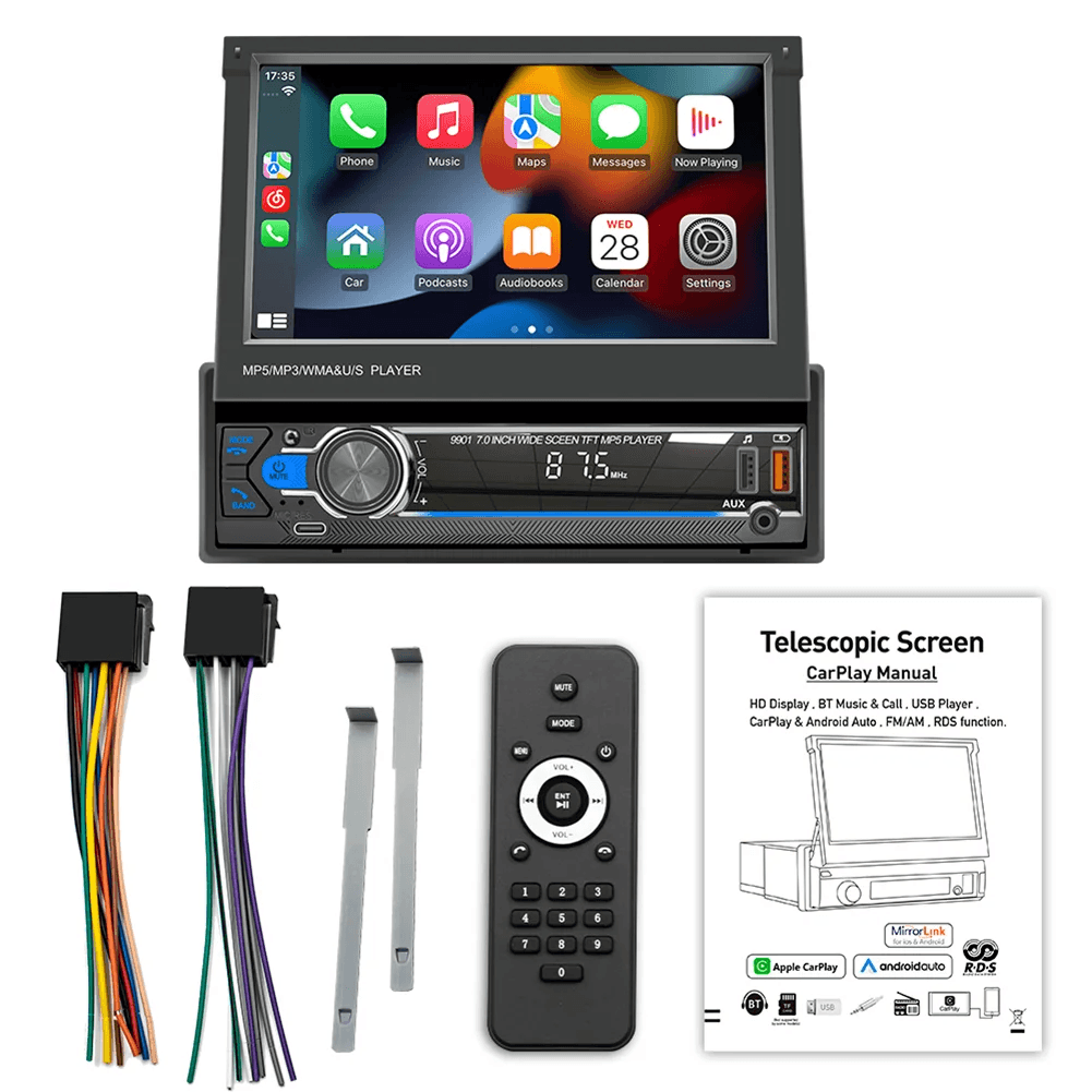 NONE 7Inch Car Radio Stereo with Carplay Android Auto W/Manual Telescopic Touch Screen MP5 Player with Mirror Link Bluetooth 5.1