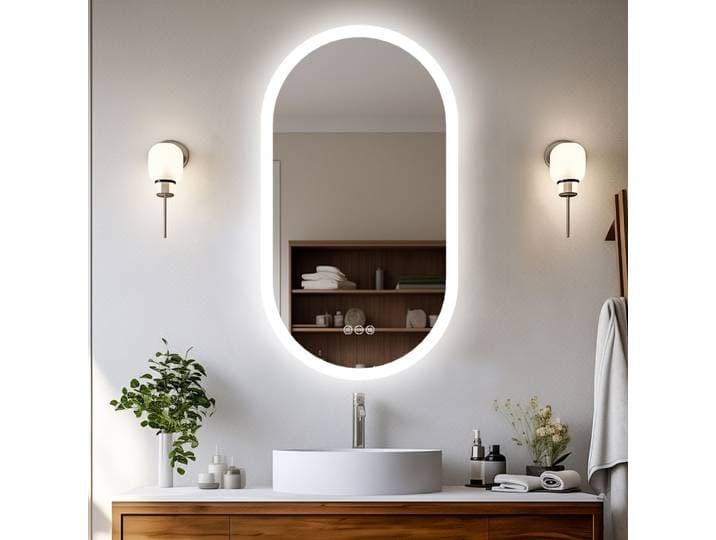 Miroir de salle de bain ovale LED 100/120 cm, dimmable, 3 couleurs de lumière, intelligent, anti-buée, mural, pour coiffeuse, installation par branchement ou câblage direct