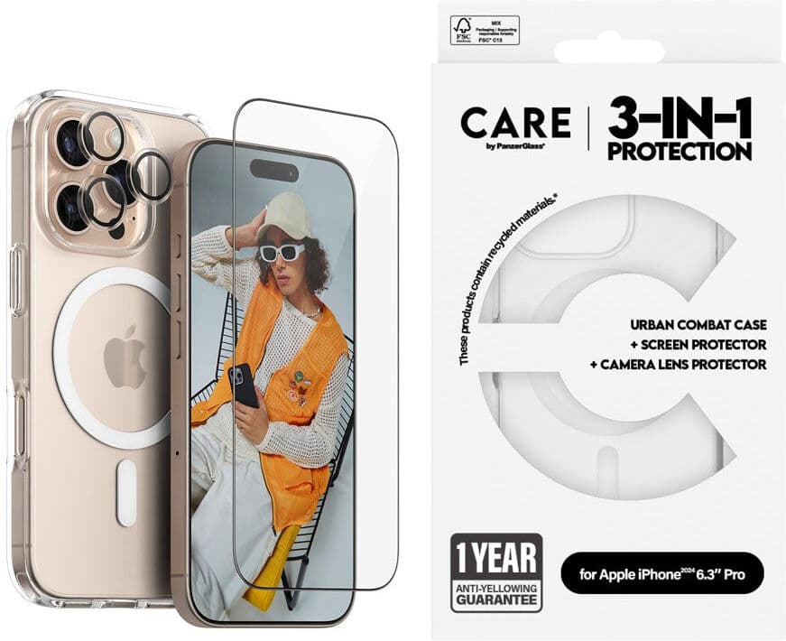 CARE By PanzerGlass iPhone 16 Pro 3-i-1 FLAGSHIP MagSafe Bundle - Skærmbeskyttelse (UWF) / Bagsidecover / Kamerabeskyttelse - Gennemsigtig / Hvid