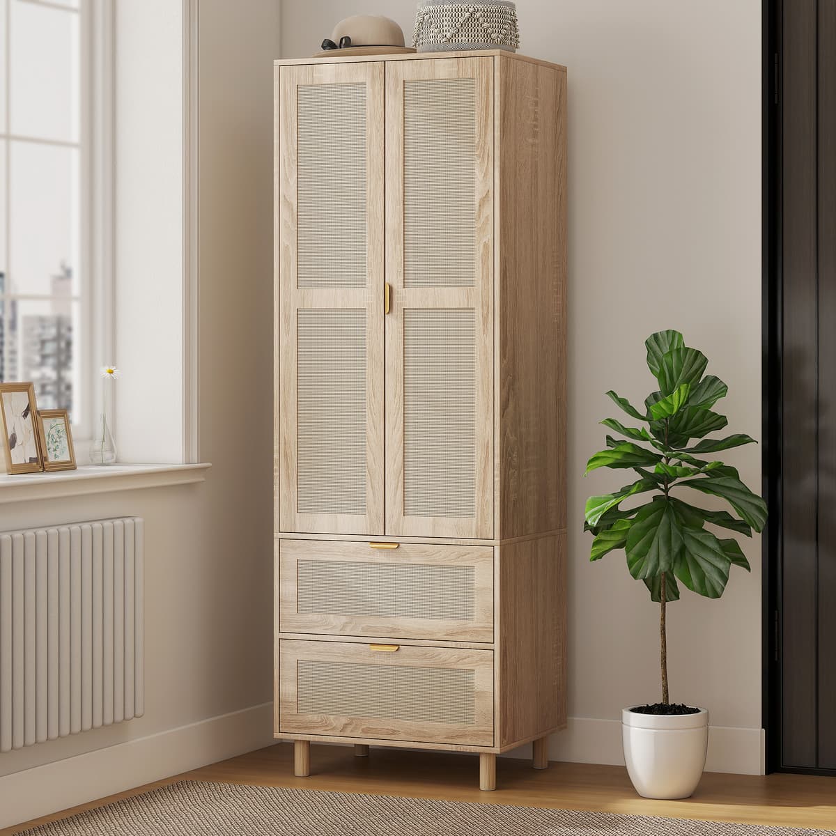 Homcom Armadio da camera con 2 porte effetto rattan, 2 cassetti e barra appendiabiti, 63 x 47 x 185 cm, legno naturale   Aosom Italy