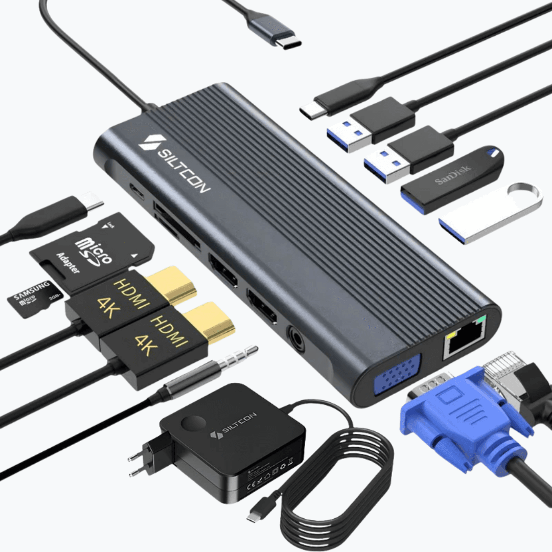 Siltcon® 13 in 1 USB C Hub - Docking Station Laptop - 2x HDMI 4K – 1x VGA – RJ45 Gigabit - 4x USB-A - 2x USB-C - TF - Incl. 100W USB-C Oplader 15 tot 100W - 45W, 65W, 87W & 100W – Geschikt voor o.a. Windows Laptops, Tablets, Telefoons - Spacegrey
