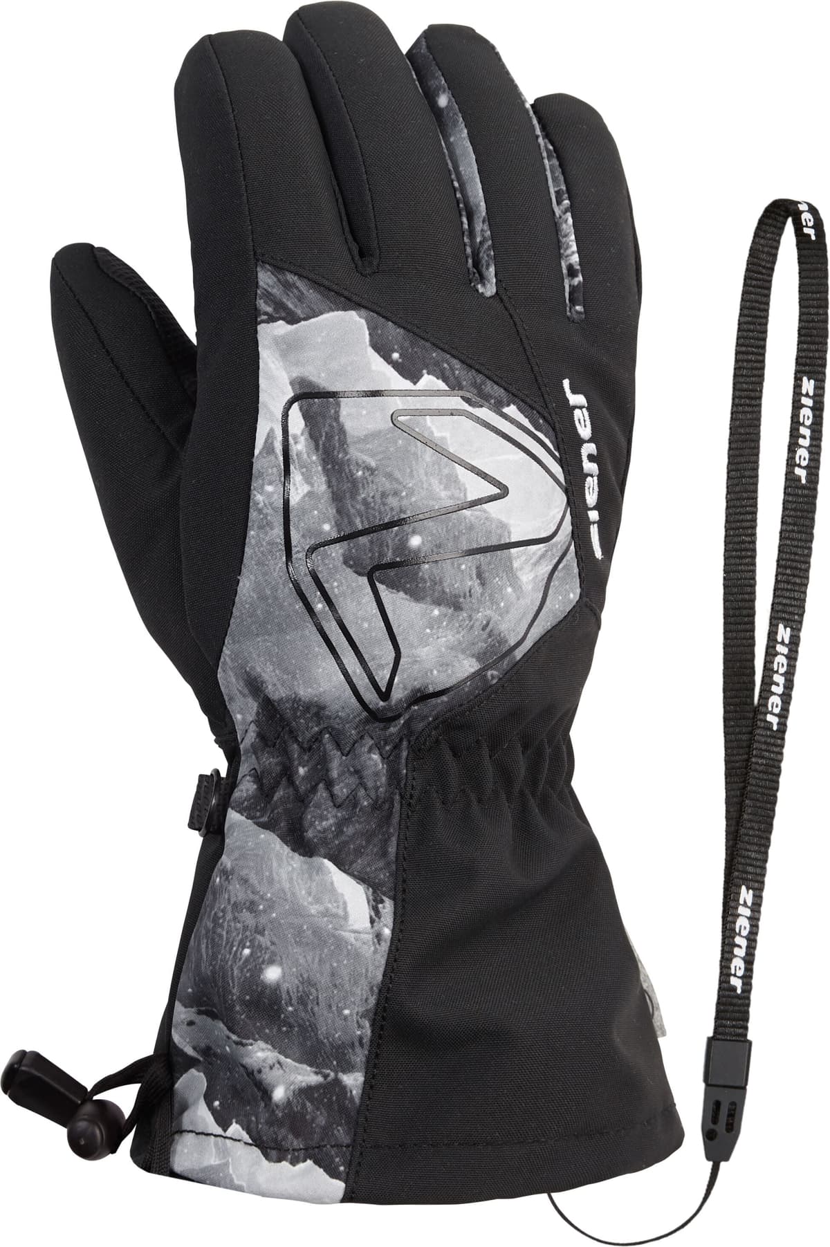 Skihandschuhe ZIENER "LAVAL-Z AQUASHIELD JUNIOR", Kinder, Gr. 7, schwarz-weiß (schwarz.grau mountain print), Materialmix, Handschuhe Skihandschuhe, wasserdicht, winddicht, atmungsaktiv, Wollwattierung