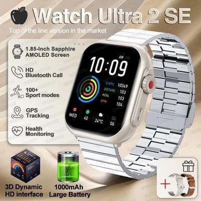 Uplift Essentials Ultra 2 SE Smart Watch 1000mAh Battery, GPS & AMOLED Pro Bluetooth Call & Sport Waterproof Smart Bracelet silvery Steel B 2a