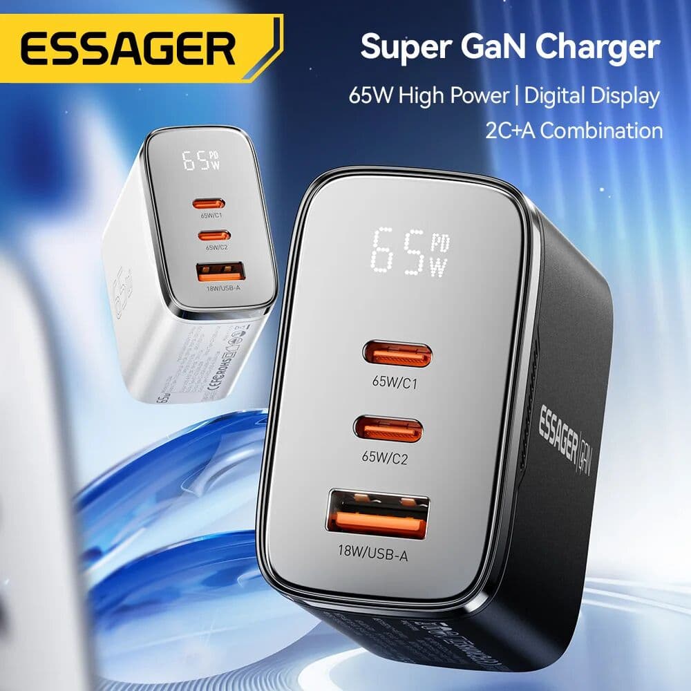 Essager 65W GaN USB Type C Charger with Digital Display QC 4.0 PD 3.2 Fast Charge for Samsung Huawei iPhone17 Laptop MacBook