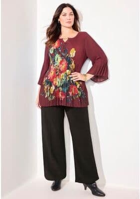 Plus Size Women's Affinity Chain Pleated Blouse by Catherines in Rich Burgundy Painted Floral (Size 2XWP)