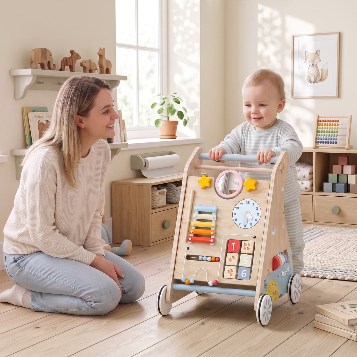 Aiyaplay Carrello Primi Passi in Legno con Pannello Attività Bifacciale Rimovibile, per Bambini 1-3 Anni   Aosom Italy