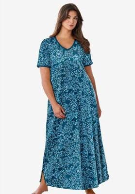 Plus Size Women's V-Neck Short Sleeve Maxi T-Shirt Lounger by Dreams & Co. in Deep Lagoon Animal (Size S)