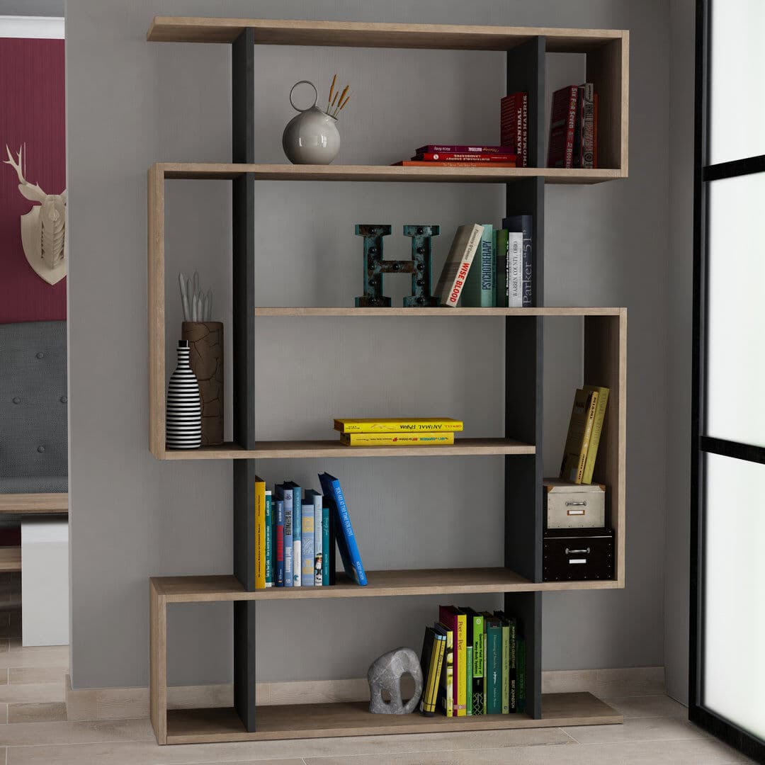 Zipcode Design Mito 5 Tiers Wall Mounted Bookcase Modern Display Unit Oak/Anthracite 161cm H X 109cm W X 25cm D