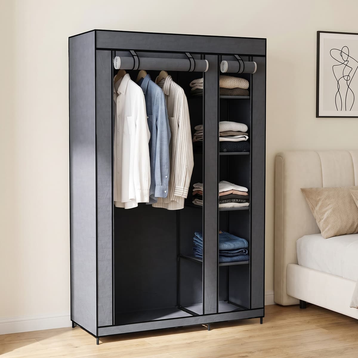 Homcom Armadio in tessuto con barra appendiabiti e 5 ripiani 110x45x175 cm, grigio   Aosom Italy