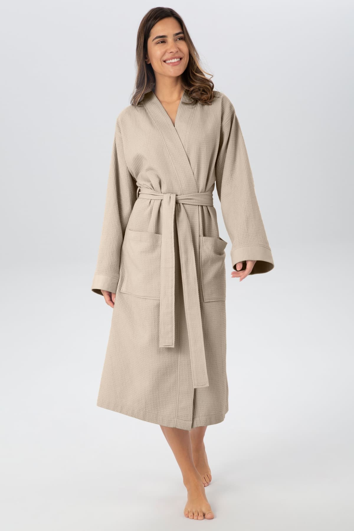 Unisex-Bademantel GOODPRODUCT "Vanessa, ideal für Sauna & Spa, Hotelbademantel, Morgenmantel" Gr. S, beige (creme), L:120cm, Baumwolle, Hausmäntel, Unisex-Bademantel, Taschen, Damen & Herren, Waffelpiqué, sehr leichte Qualität, S-3XL creme S L: 120cm, N-G