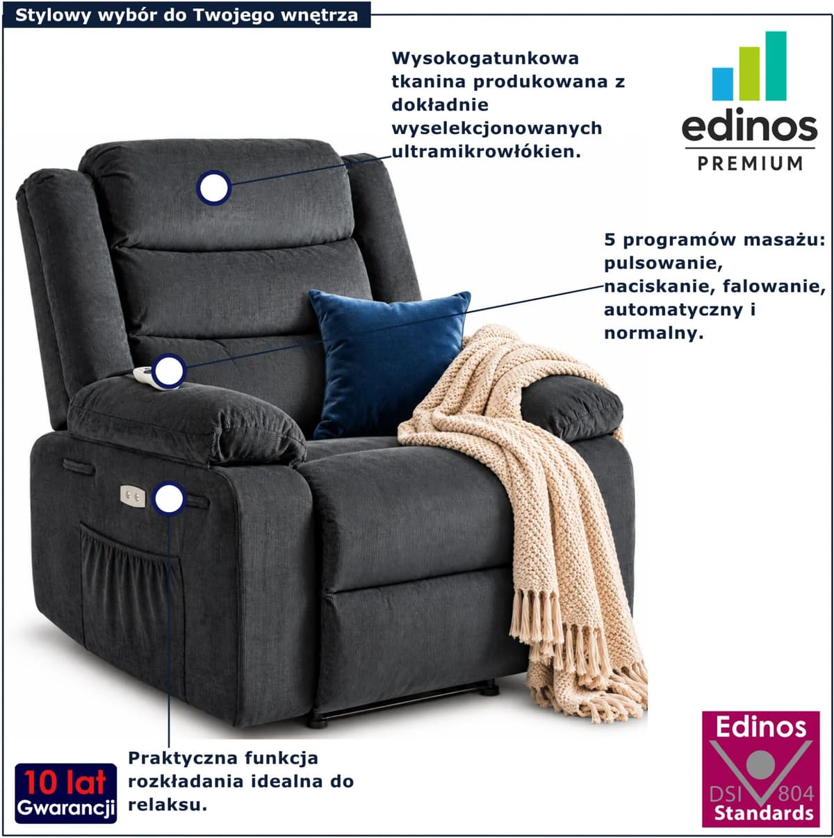 Edinos Premium Ciemnoszary masujący fotel elektryczny z podłokietnikami R5-T07