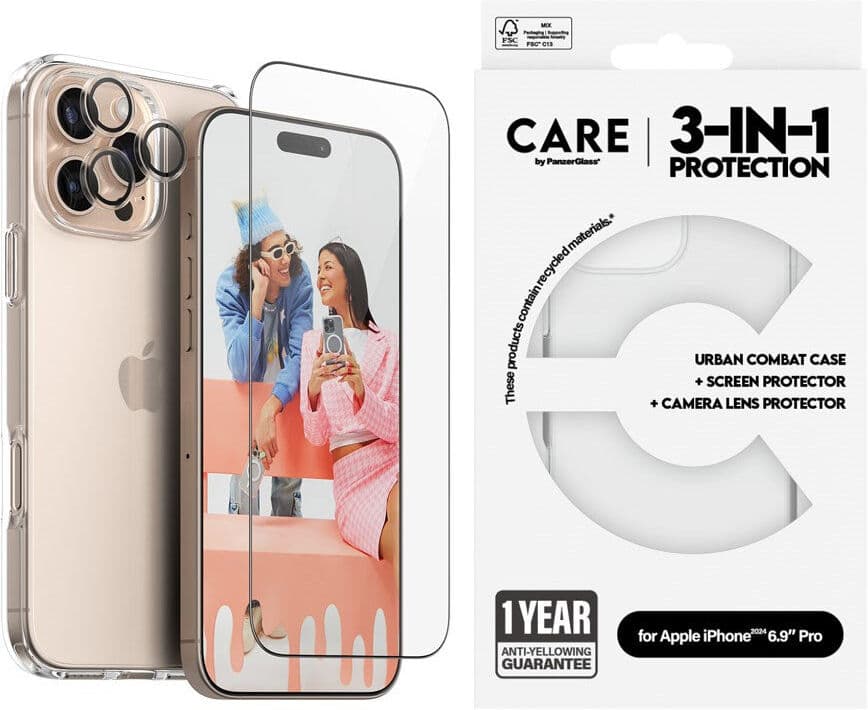 CARE By PanzerGlass iPhone 16 Pro Max 3-i-1 FLAGSHIP Bundle - Skærmbeskyttelse (UWF) / Bagsidecover / Kamerabeskyttelse - Gennemsigtig