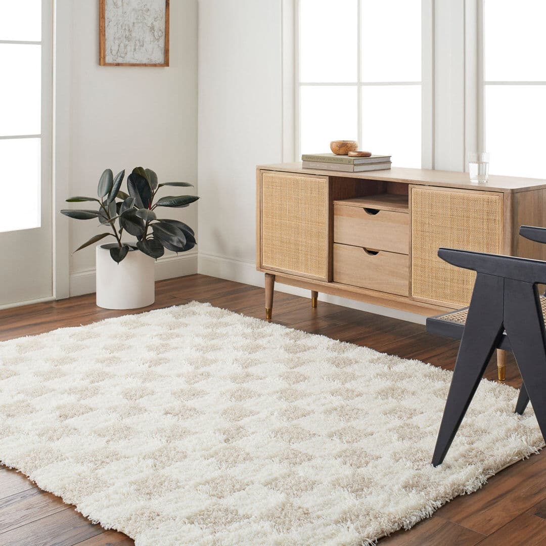Brayden Studio Bastos Checkered High-Pile Rug Cream;Light Beige Runner 80 x 220 cm