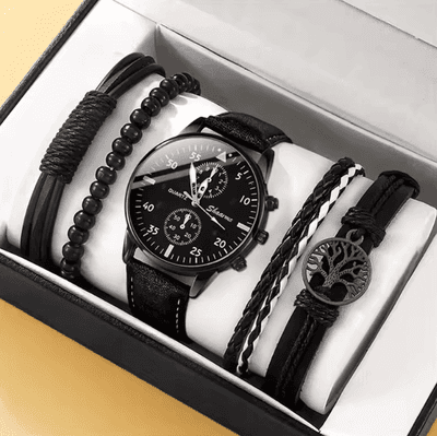 Inspire Curations 5PCS Mens Quartz Watch And Bracelet Set Leather Strap Business Casual Fashion Wristwatch Gift Set black