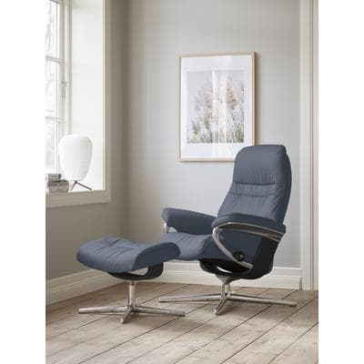 Relaxsessel STRESSLESS "Sunrise", blau (sparrow blau paloma), B:79cm H:103cm T:73cm, Leder PALOMA: PALOMA ist ein durchgefärbtes Semianilin-Möbelleder mit natürlicher Narbung., Sessel, Relaxsessel, mit Cross Base, Größe S, M & L, Holzakzent Schwarz