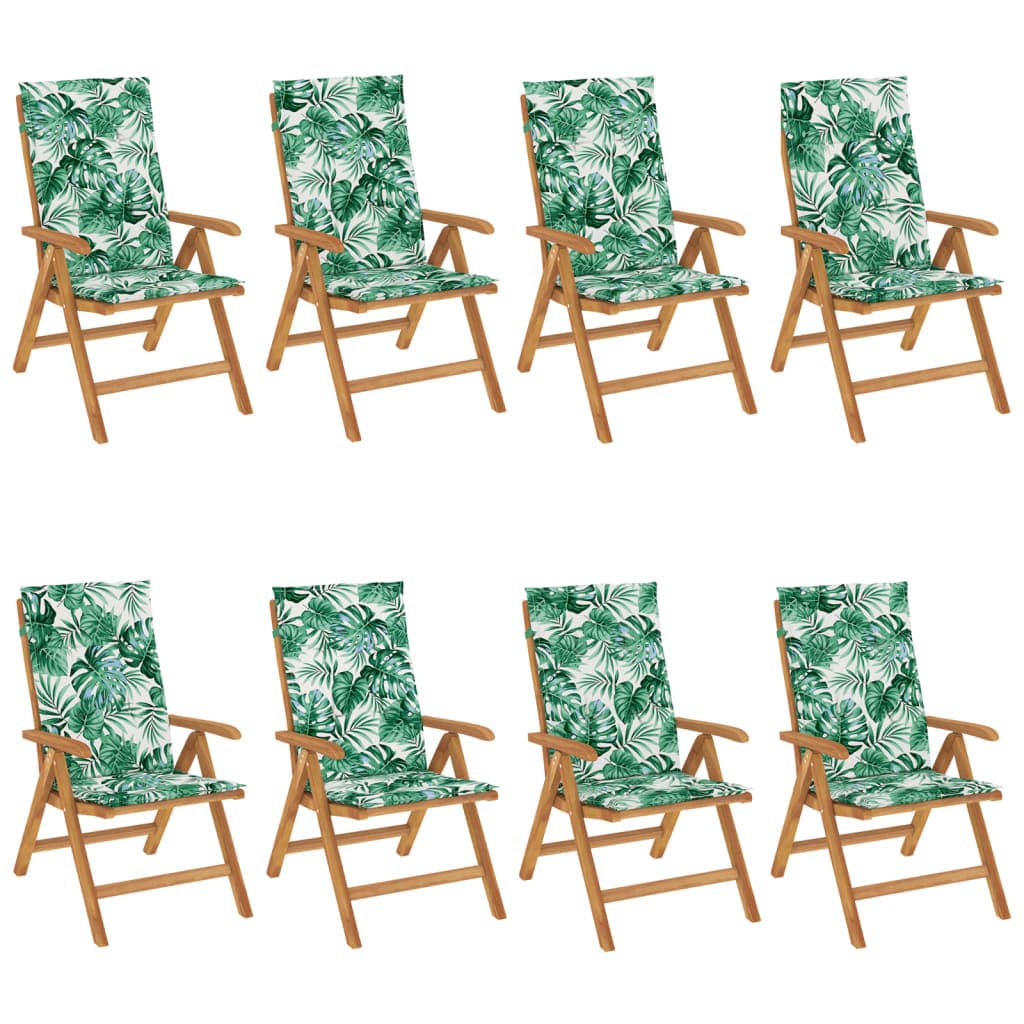 8-teiliges Set aus massivem Teakholz mit verstellbaren Klappstühlen und Kissen