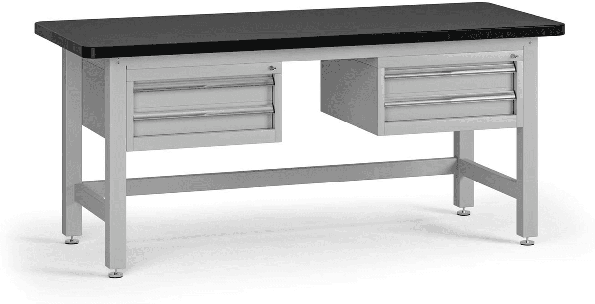 B2B Partner Stół warsztatowy G4 z 2 szafkami na narzędzia, blat MDF + PCV, 4 szuflady, 1800 x 750 x 800 mm, szary