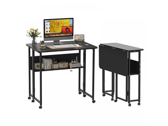 KEDIA Bureau Pliant avec Roulettes Bureau D'ordinateur Pliable Noir Bords Lisses Facile à Nettoyer Espace de Rangement