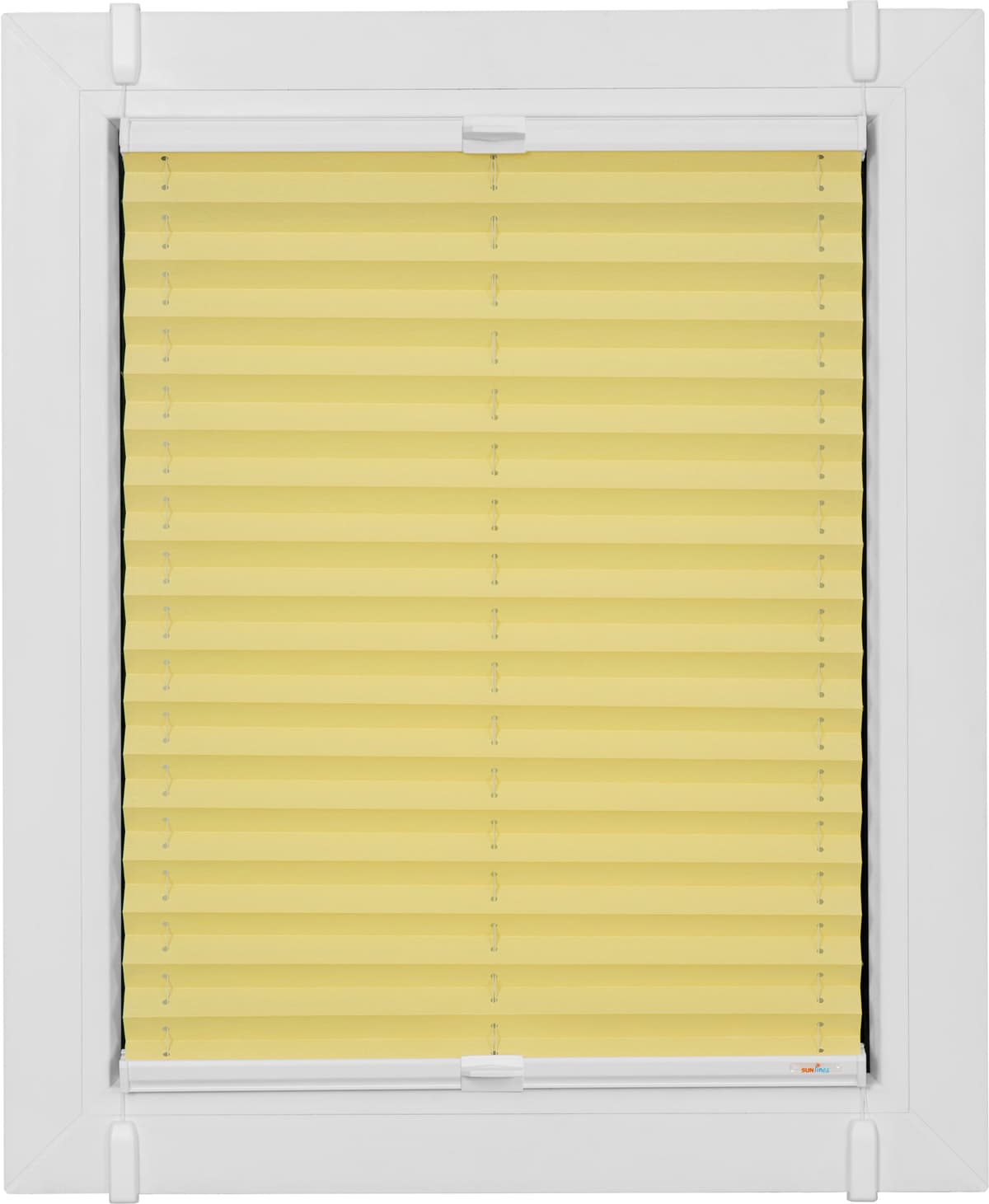 Plissee SUNLINES "One Size Style Crepe, ohne Bohren, blickdicht, Klemmfix", gelb (zartgelb, weiß, weiß), B:95cm H:160cm, Obermaterial: 85% Polyester, 15% sonstige Fasern, Plissees, Plissee, Zubehörfarbe weiss, zum Klemmen zartgelb, weiß, weiß 160cm, zweis