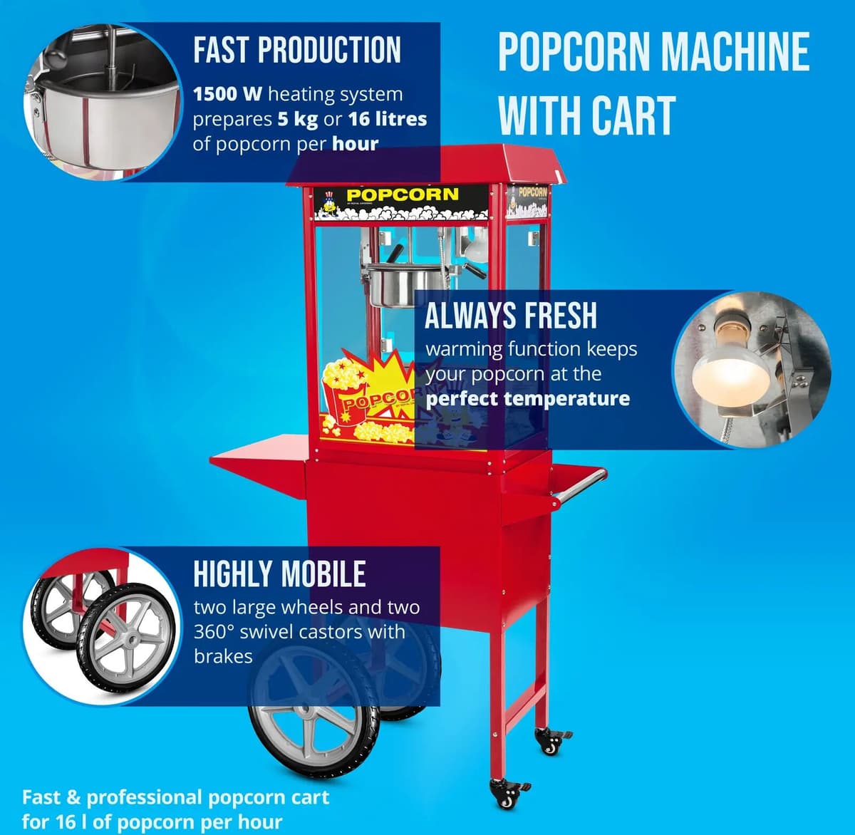 Royal Catering Stroj na popcorn s vozíkom - červený 10010088