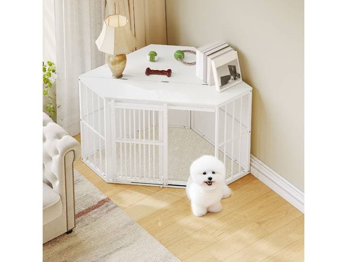 Meubles de caisse d'angle pour chien avec coussin, caisse en bois pour chien avec porte de grange, chenil intérieur pour chiens de petite et moyenne taille