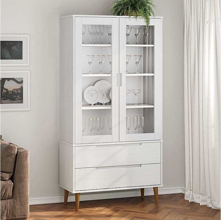 vidaxl Mueble vitrina MOLDE madera maciza de pino blanco 90x35x175 cm