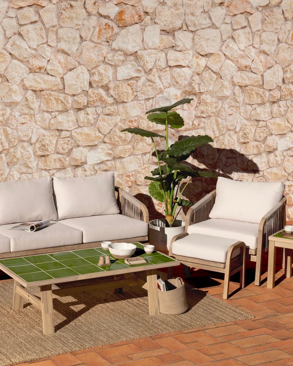 Defora Home Mesa baja jardin 125x65 de madera y ceramica verde