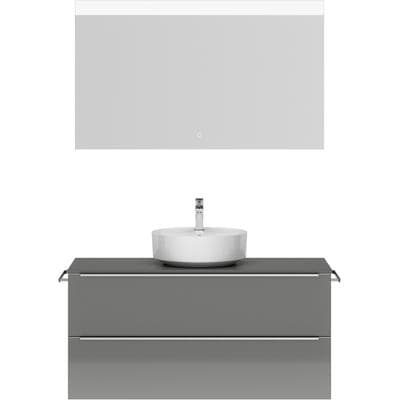 Badmöbel-Set NOBILIA "Alvene", grau (schiefergrau), B:120,3cm H:184,2cm T:48,5cm, Kastenmöbel-Sets, Badmöbel-Set, Hochglanz, inkl. Spiegel mit Touch-Sensor, in vier Breiten