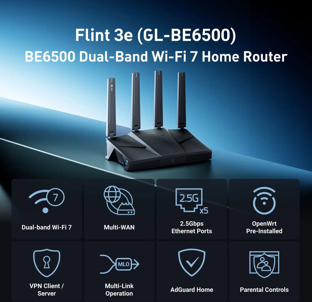 GL.iNet GL-BE6500 (Flint 3e) Dual-band Wi-Fi 7 Home Router 5× 2.5G Ports Robust VPN Capabilities and Parental Controls