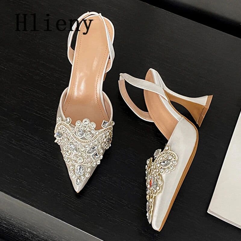 Hlieny Size 35-41 Sexy Red Crystal Gem Women Pumps Silk Pointed Toe Slip On Back Strap High Heels Wedding Shoes Bride Sandals